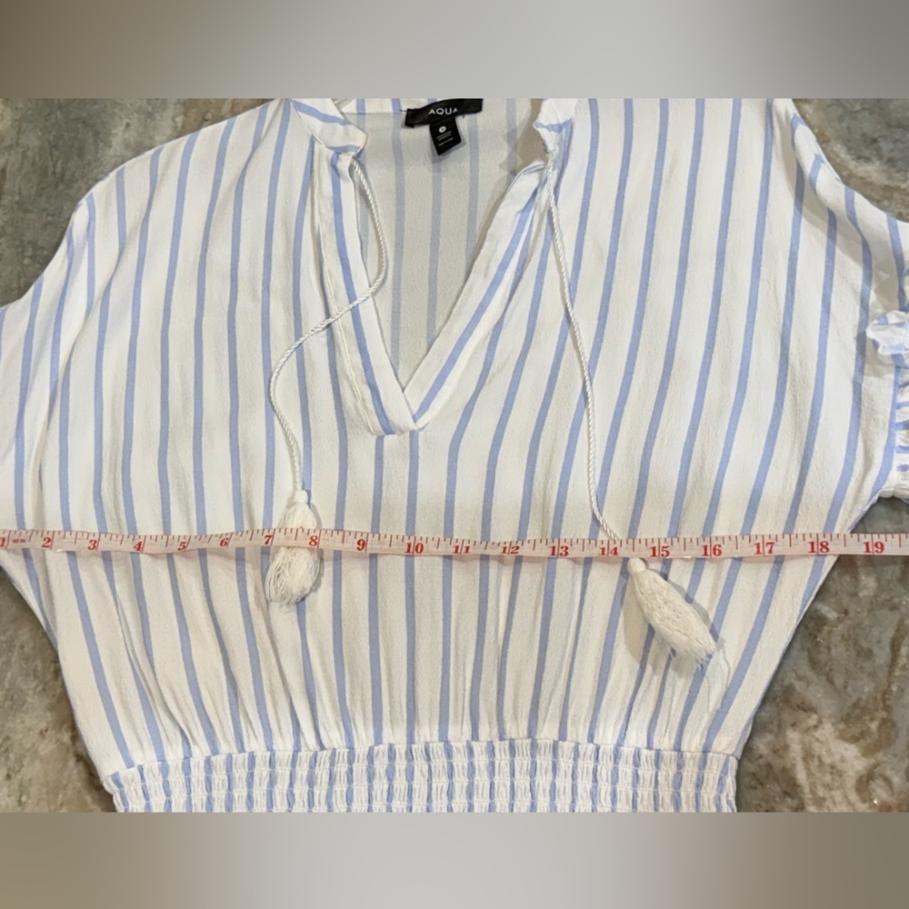 Women’s AQUA blue & white striped smocked mini dress- Size small - Picture 4 of 5